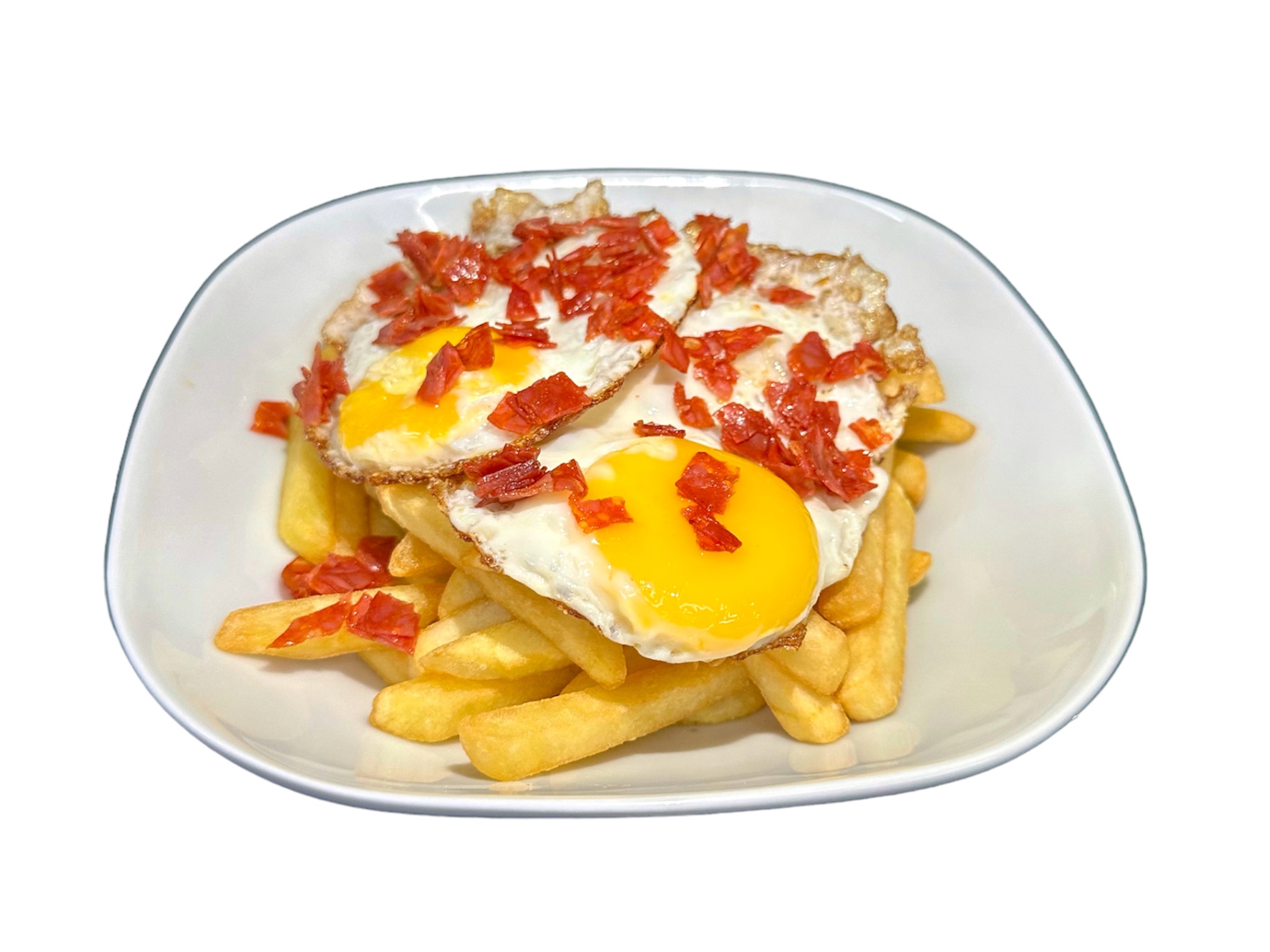 Huevos Rotos con bacon, pepperoni ó jamón serrano